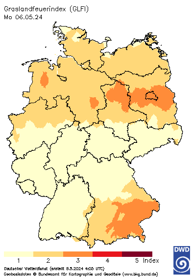 Karte des deutschen Bundesgebiets mit farblicher Darstellung der GLFI-Gefahrenstufe