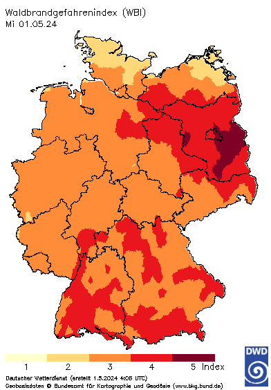 Karte des deutschen Bundesgebiets mit farblicher Darstellung der WBI-Gefahrenstufe